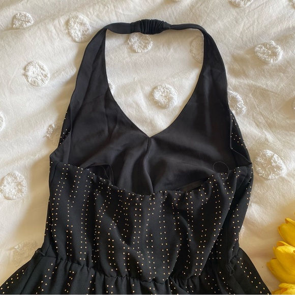 Bebe gold-studded high-low black halter party dress with chiffon overlay - Picture 6 of 14